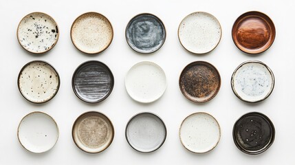 Assorted Ceramic Plates on White Background from Top View