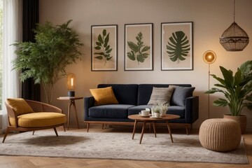 Fototapeta premium A living room with a couch, chair, and potted plants