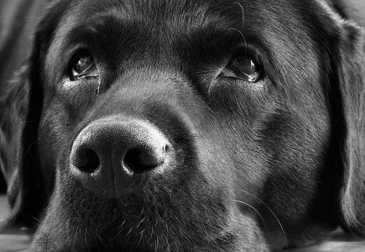 Black labrador dog face closeup in black and white