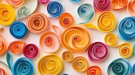 Fototapeta premium Colorful paper spirals arranged in an artistic pattern, creating a vibrant abstract design. Perfect for creative projects and backgrounds.