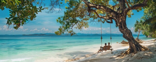 Two individuals relax on a swing suspended from a tree, overlooking a pristine tropical beach with crystal clear waters under the warm, inviting daylight, epitomizing serenity and companionship