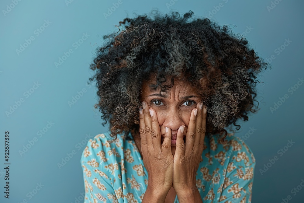 Wall mural Middle age woman with a messy, curly hairstyle is looking down and covering her face with her hands