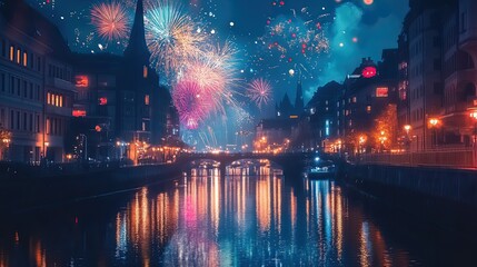 Obraz premium Fireworks display reflecting off the surface of a river running through a city.