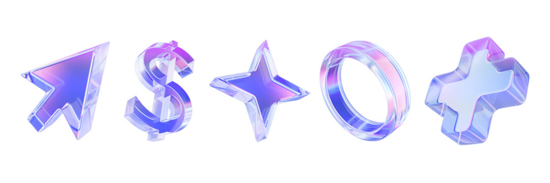 Y2k 3D geometric icon set, glass retro futuristic object, transparent holographic arrow, cross, star. Acrylic gradient abstract design element, glossy purple fluid shapes, circle, dollar. 3D icon kit