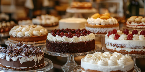 Delicious cakes on display in a bakery commercial advertising photo
