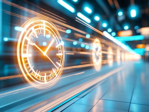 Time-Saving Techniques Depiction of various time-saving techniques in daily life, highlighted with dynamic, flashing light effects.