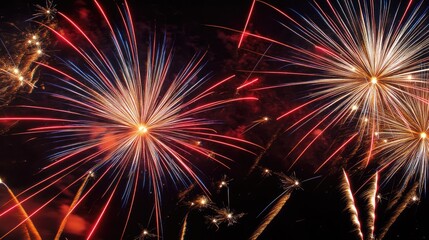 Fireworks exploding in the shape of stars and stripes during a patriotic event.