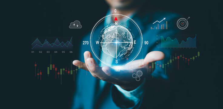 Businessman with compass navigator and market research, planning for business solution, finance investment, return on stocks mutual funds, global internet connection technology digital marketing