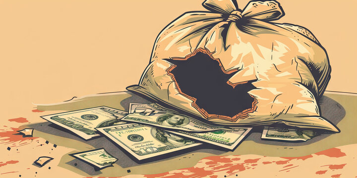 Currency exchange pitfalls are the financial traps, leading to overpayment or loss: Illustrate currency exchange pitfalls as a money bag with a hole