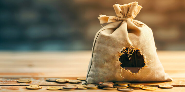 Currency exchange pitfalls are the financial traps, leading to overpayment or loss: Illustrate currency exchange pitfalls as a money bag with a hole