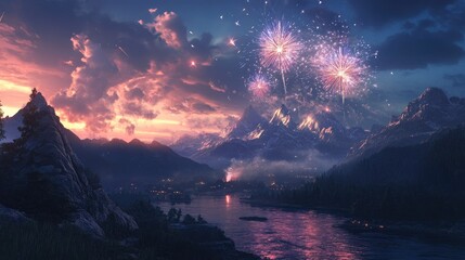 Fireworks over a mountain range, adding a magical touch to the natural landscape.