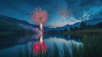 Fireworks reflecting off the surface of a calm lake in a serene setting.