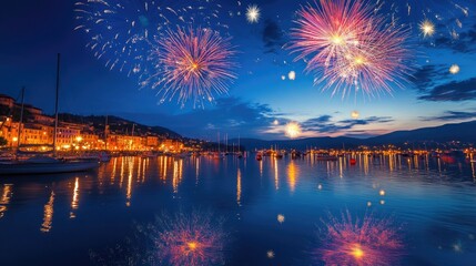 Fototapeta premium Fireworks reflecting off the water of a harbor, with boats anchored nearby.