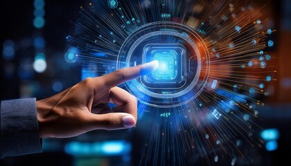 AI Revolution at Your Fingertips A close-up shot of a hand activating a vibrant, futuristic AI interface, symbolizing the transformative power and accessibility of artificial intelligence.