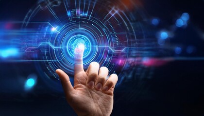Fototapeta premium AI Revolution at Your Fingertips A close-up shot of a hand activating a vibrant, futuristic AI interface, symbolizing the transformative power and accessibility of artificial intelligence.