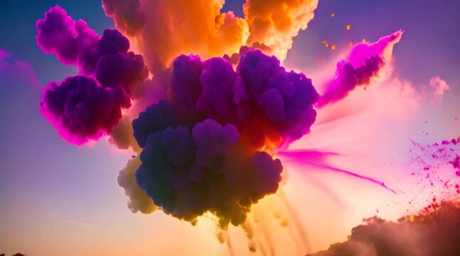 slow motion cinematic close-up of rainbow and pastel coloured holi colour powder exploding and colliding in the sky  in a sunset sky backlit