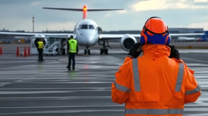 Airport worker in high-visibility vest and helmet facing an airplane on the runway, ready for ground operations.