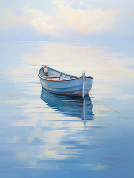 Still Blue Rowboat on Calm Water Reflecting Sky in Tranquil Scene
