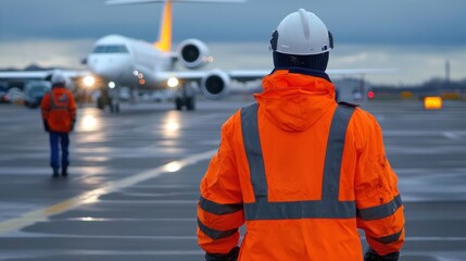 Fototapeta premium Airport worker in high-visibility vest and helmet facing an airplane on the runway, ready for ground operations.
