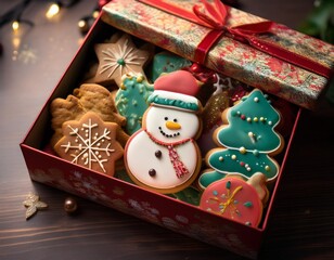 Obraz premium Christmas Cookie Gift Box A festive and delightful treat, a beautifully decorated box of Christmas cookies, perfect for the holiday season. Each cookie is adorned with traditional Christmas imagery