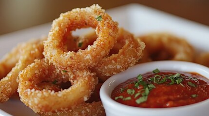 Fried calamari rings with marinara dipping sauce.
