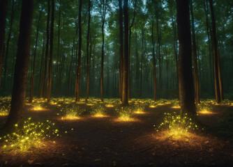 Obraz premium Fireflies Illuminate The Forest Floor During A Serene Summer Night In Nature