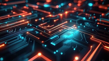 Obraz premium High-tech digital circuit board background with glowing lines and nodes.