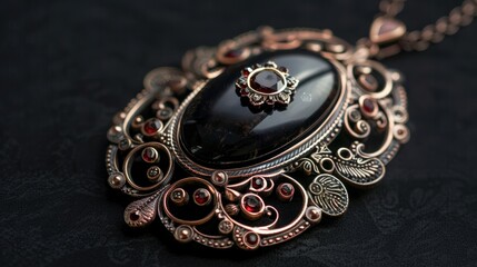 Naklejka premium Antique pendant featuring black stone and intricate metalwork on a delicate chain