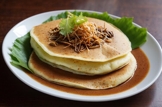 Local traditional meal known as lempeng kelapa or coconut pancake with anchovies spicy gravy