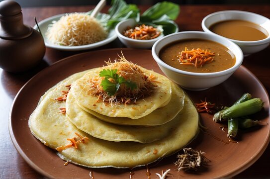 Local traditional meal known as lempeng kelapa or coconut pancake with anchovies spicy gravy