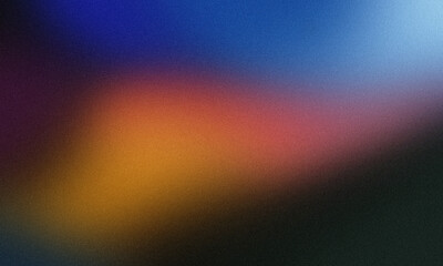 Orange, blue, red, purple and dark green abstract color gradient with noise or grain. Grunge smooth background design