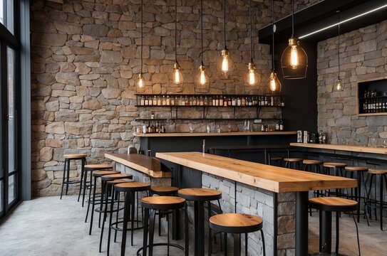 Bar counter interior - cartoon vector illustration of empty restaurant or night club element with cocktails and beer in glasses on wooden table, bottles with alcohol drinks on shelves and high stools.