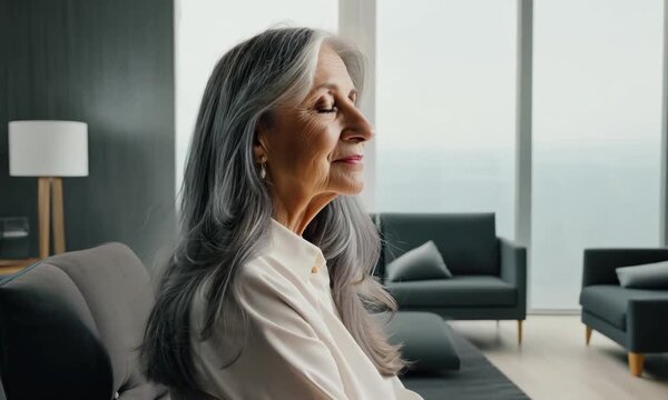 An older woman with long gray hair sits in a modern living room, where her calm countenance and balanced posture blend perfectly with the elegant, contemporary d&eacute;cor.