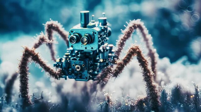 Macro close-up of a futuristic spider nanobot. Microscopic robot, future technology, nanotechnology concepts. High quality, science-fiction cinematic 4k footage. 
