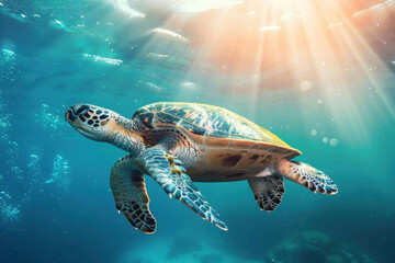 Fototapeta premium Sea turtle underwater in the ocean. Blue sky above. Concept for world ocean day.