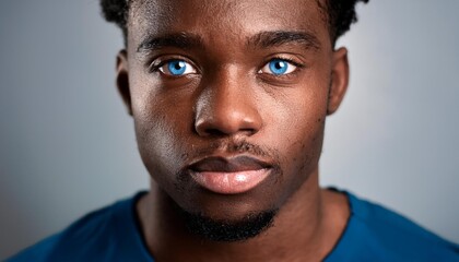 Fototapeta premium Intriguing Gaze A close-up portrait of a young man with captivating blue eyes, showcasing his youthful beauty and captivating gaze. The soft lighting and natural freckles add a touch of intimacy.