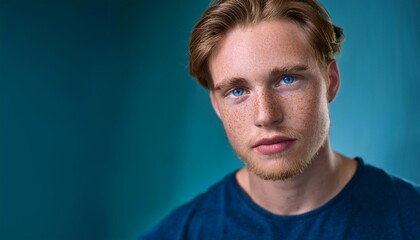 Fototapeta premium Intriguing Gaze A close-up portrait of a young man with captivating blue eyes, showcasing his youthful beauty and captivating gaze. The soft lighting and natural freckles add a touch of intimacy.