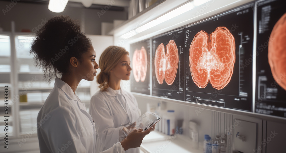 Aufkleber two scientists examine detailed brain images on monitors in a clinical lab, discussing findings and 