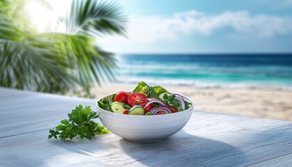 A Ceramic Bowl of Salad in a Beach Background