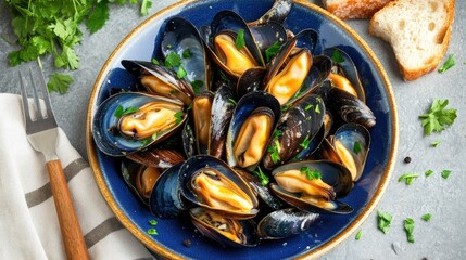 Steamed mussels with white wine, garlic, and herbs.