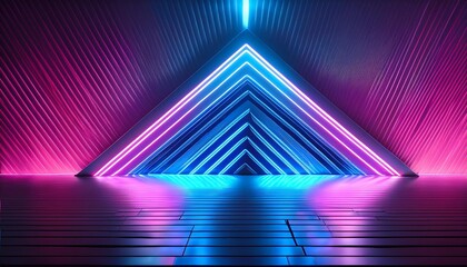 Fototapeta premium Neon Glow Stage A vibrant 3D rendering of a sleek, silver platform illuminated by bold neon pink and blue lights, creating a captivating and futuristic display. Perfect for showcasing products