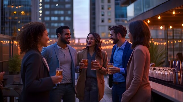 Evening Gathering Friends Rooftop City Skyline Drinks Laughter Smiles Celebration