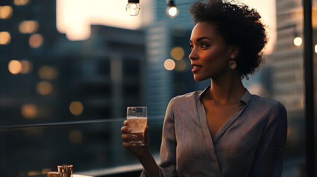 Elegant Woman Holding Glass City Evening Lights Fashionable Outfit Contemplative Atmosphere Chic Expression Modern Setting