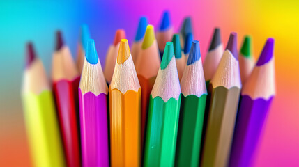 Colorful pencils arranged in an artistic display, set against a vibrant background. generative ai