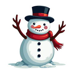 A snowman in a hat and scarf is standing in the snow.