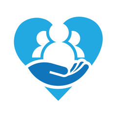 This is a simple flat logo of three people being held by a palm of hand inside a heart shape in blue color symbolizing love and care

