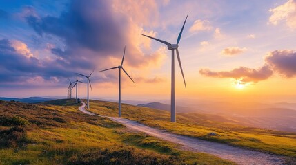 Obraz premium Wind turbines silhouetted against a sunset, symbolizing sustainable energy.