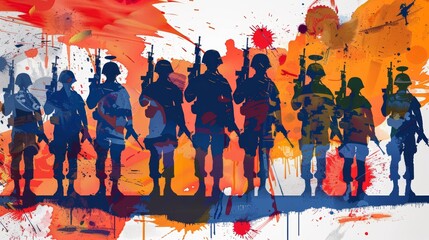 Fototapeta premium Vibrant Artistic Representation of Indian Soldiers Celebrating India Independence Day with Colorful Splashes