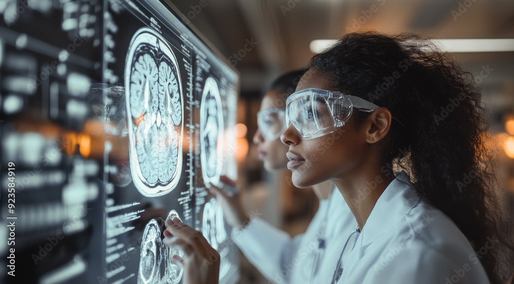 Poster Two researchers analyze brain scans displayed on a digital screen in a high-tech lab, focused on their work.