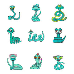 Many different snakes characters funny faces